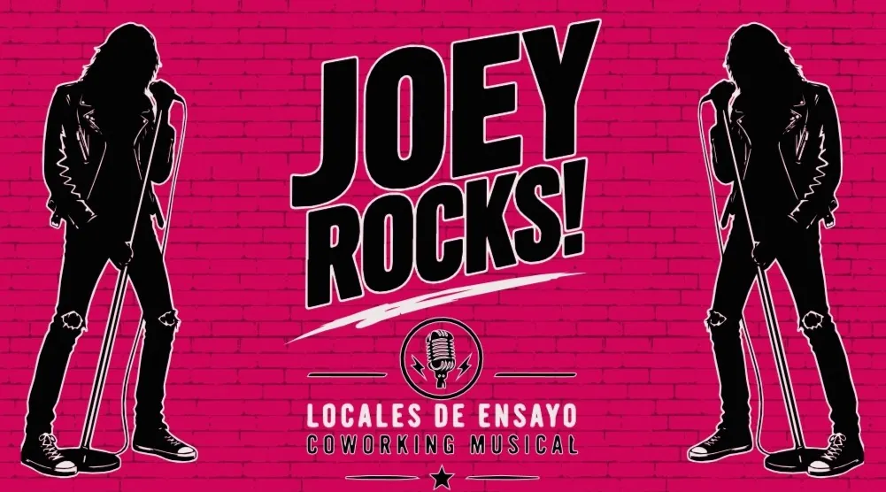 Pared de ladrillo con el logotipo de Joey Rocks! y dos rockeros pintados